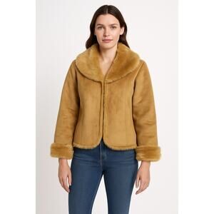 NWT Mixit Retro Faux Suede Fur large shawl collar Jacket coat Camel Brown large